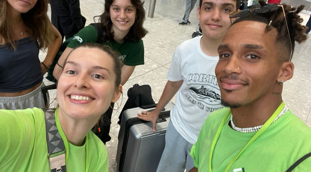 Photo of teenagers at the airport.